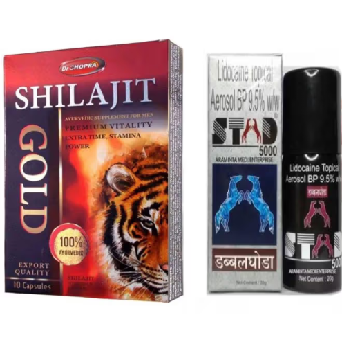 Ayurvedic Shilajit Capsules and Double Ghoda Stud 5000 Spray – Male Power Combo