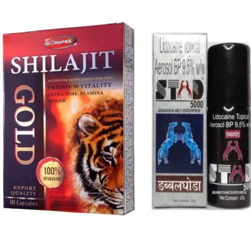 Ayurvedic Shilajit Capsules and Double Ghoda Stud 5000 Spray – Male Power Combo