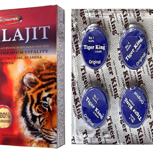 Ayurvedic Shilajit Capsules with Tiger King Cream Blue – 6 Pc Combo by Vedhahi