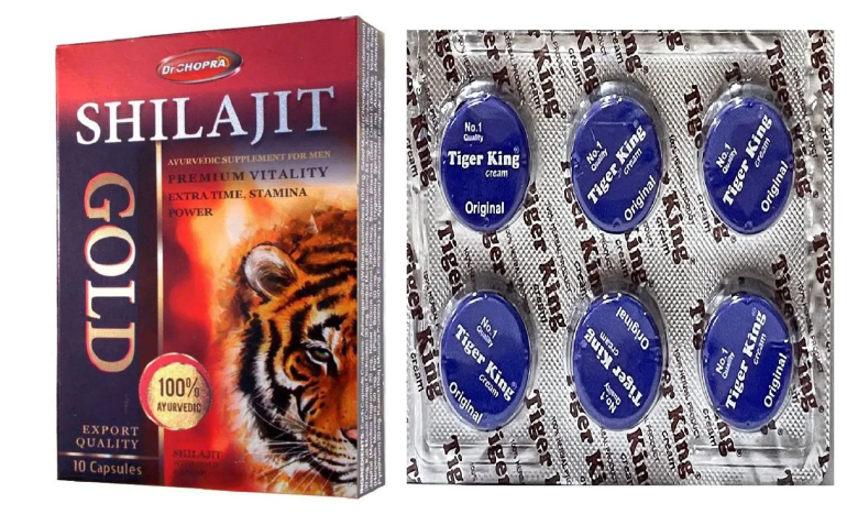 Ayurvedic Shilajit Capsules with Tiger King Cream Blue – 6 Pc Combo by Vedhahi